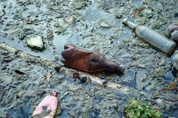 plastic bottles and other trash in the pond