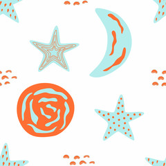 Seamless childish pattern with moons and stars. Cartoon vector illustration in scandinavian style.  Creative kids texture for fabric, wrapping, textile, wallpaper, apparel. 