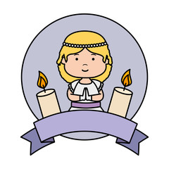 little girl with ribbon and candles first communion