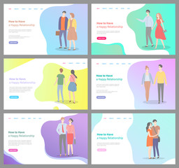 How to build happy relationship vector, people walking and holding hands of each other, couples and pairs, man and woman with deep feelings. Website or webpage template, landing page flat style