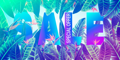 Summer Sale vector banner design template with Tropical palm leaves, plants. Negative space trend. Summer placard poster flyer invitation card.