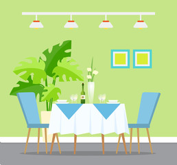 Table with dinner setting, restaurant interior design vector. Wine and glasses, plates and bowls, flowers in vase and indoor plant, picture and lamps
