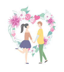 Obraz na płótnie Canvas Man and woman holding each other hands, side view of smiling people, happy couple standing near hearts with flowers, romantic day, love card vector
