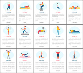 Fitness webpage set, strong people pumping muscles and lose weight, portrait view of people doing exercise, website of healthy lifestyle and sport vector