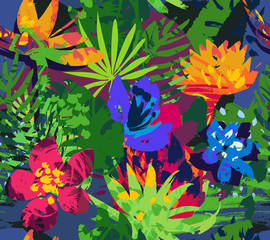 Obraz na płótnie Canvas Vector seamless pattern with tropical plants and flowers.
