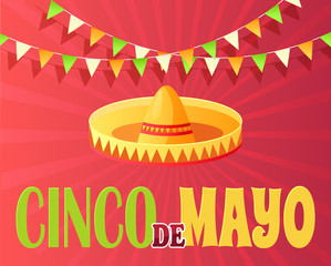 Cinco de Mayo Mexican holiday vector, sombrero traditional hat, headwear ethnic clothes. Mariachi and flags celebration of 5th of May, red poster
