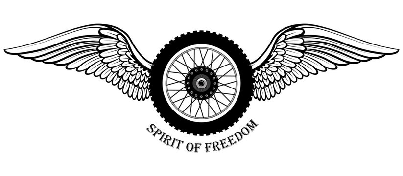 Black and white vector image of a motorcycle wheel with wings. Image on white background.