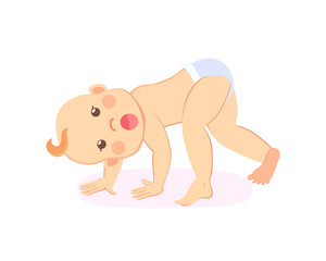 Six or seven month baby milestones, standing on all fours, newborn toddler in diaper isolated cartoon character. Vector infant with open mouth, begins to crawl