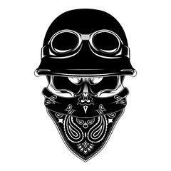 Vector image of a skull in a motorcycle helmet with a bandana on the face. Black and white image on a white background.