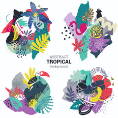 Obraz premium Vector collection of tropical plants, flowers. birds, hand painted texture compositions.