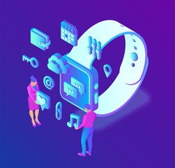 Social media apps on a Smart Watch. Social media 3d isometric icons. Mobile apps. Created For Mobile, Web, Decor, Application. Vector illustration infographic template with people and icons.