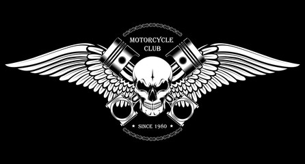 Vector image of a skull with pistons and wings. Black and white image of a motorcycle club emblem.