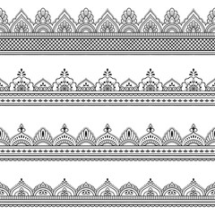 Cotton fabric Set of seamless border ornament for design, Henna drawing, Mehndi and tattoo. Decorative pattern in ethnic oriental, Indian style.