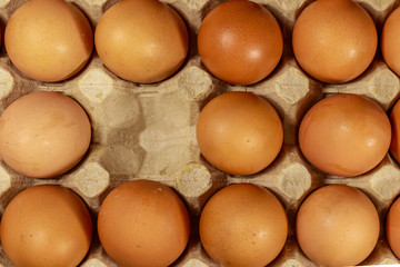 Raw chicken eggs in cardboard egg box with empty space