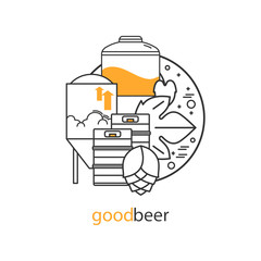 Beer kegs, hops and brewing equipment. Craft beer label. Brewery Illustration. Icon, sign, symbol in modern line style.
