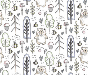Vector seamless pattern with hand drawn bear in the forest
