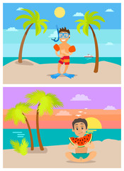 Children on summer vacation vector, kid eating lush watermelon sitting on sand. Boy wearing equipment for snorkeling and scuba diving activity summertime