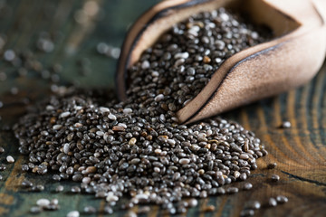 Chia seeds on a wooden table