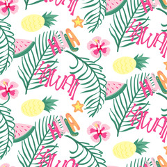 Naklejka premium Beach Hawaii cheerful seamless pattern wallpaper of tropical dark green leaves of palm trees and flowers bird of paradise, plumeria on white background. For textile print, clothes, fashion