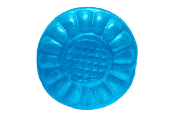 Blue hard candy extreme macro isolated on white background