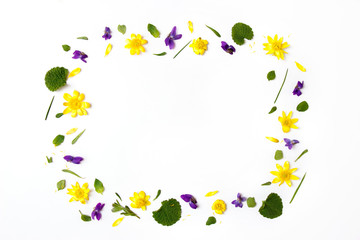 Flowers composition. Wreath made of yellow flowers on white background. Flat lay, top view, copy space