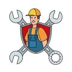 builder worker with helmet and wrenches in shield