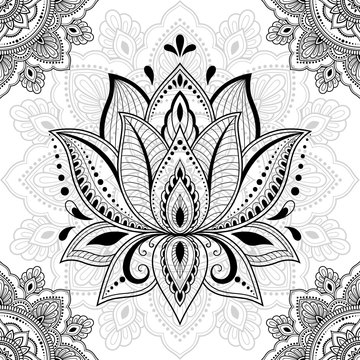 Seamless decorative ornament in ethnic oriental style. Circular pattern in form of mandala and Lotus flower for Henna, Mehndi, tattoo, decoration.