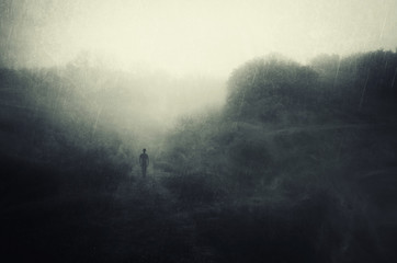 solitude concept, man walking alone and contemplating in rain, dark  surreal landscape - obrazy, fototapety, plakaty