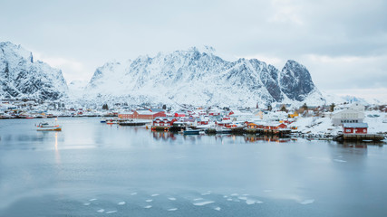 Reine village on Lofoten islands, Norway, beautiful view of the city and the sea bay