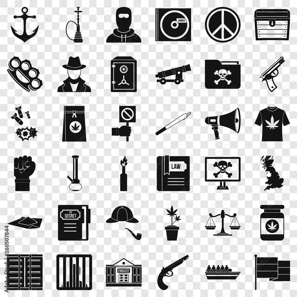 Poster crime icons set. simple style of 36 crime vector icons for web for any design