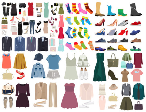 vector, isolated, set of clothes and shoes