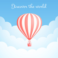 Fototapeta premium Hot air balloon cloud travel vector illustration. Carnival entertainment social media banner or romantic adventure offer with red hot air balloons in white cloud on blue sky. Clipping mask applied.