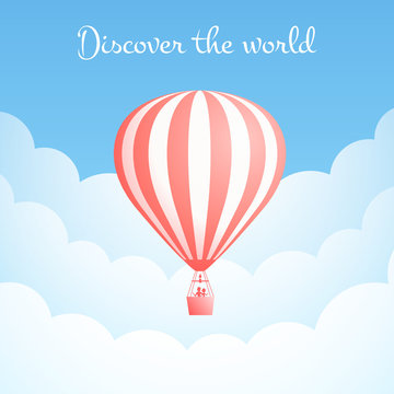 Hot air balloon cloud travel vector illustration. Carnival entertainment social media banner or romantic adventure offer with red hot air balloons in white cloud on blue sky. Clipping mask applied.