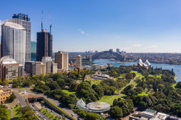 Aerial view from the Domain Phillip precinct looking towards the beautiful harbour in Sydney,...