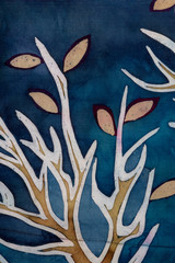 Golden tree branches with leaves, turquoise, hot batik, background texture, handmade on silk, abstract surrealism art