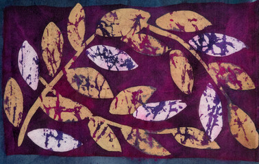 Tree branches with leaves on crimson background, hot batik, background texture, handmade on silk, abstract surrealism art