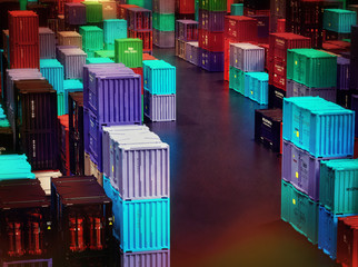 Heap of fragile commodity containers freight cargo in warm dry storage facilities depot warehouse. Intdoor solving storage problems. 3d rendering.