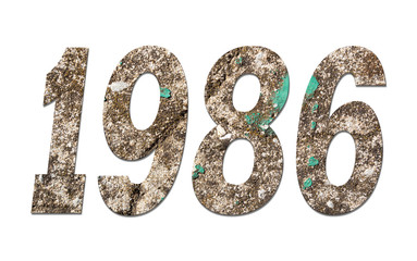 Year 1986  with old concrete wall on white background