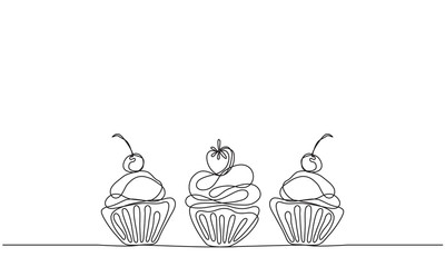 Cupcakes vector background. Linear drawing. Sketch. Continuous line drawing