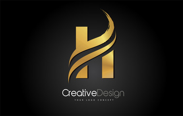 Gold Metal H Letter Design Brush Paint Stroke on Black Background