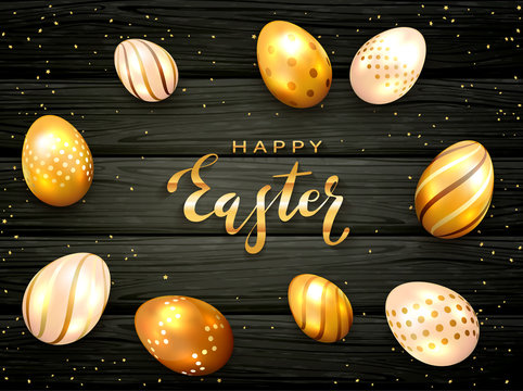 Lettering Happy Easter with Golden Eggs on Black Wooden Background