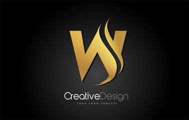 Gold Metal W Letter Design Brush Paint Stroke on Black Background