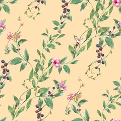 Watercolor painting of leaf and flowers, seamless pattern