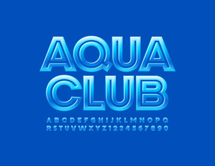 Vector Blue emblem Aqua Club with glossy Font. Original Alphabet Letters and Numbers