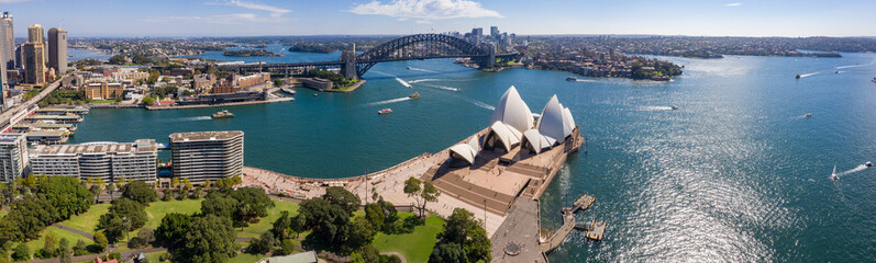 Aerial view from the Parade Ground gardens looking towards  the beautiful harbour in Sydney,...