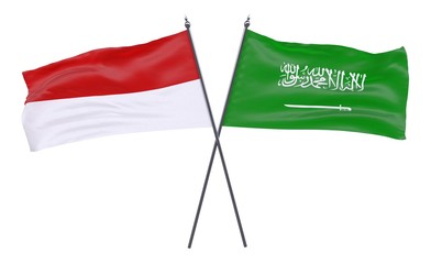 Indonesia and Saudi Arabia, two crossed flags isolated on white background. 3d image