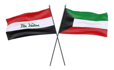 Iraq and Kuwait, two crossed flags isolated on white background. 3d image