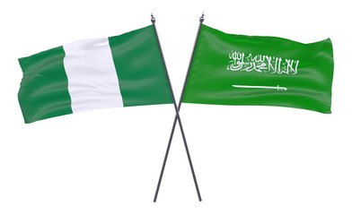 Nigeria and Saudi Arabia, two crossed flags isolated on white background. 3d image