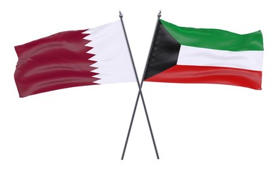 Qatar and Kuwait, two crossed flags isolated on white background. 3d image