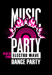 Vector poster or playbill for a dance music party in the night club with audio speaker on the black background. Can be used for flyer, playbill, poster, t-shirt design, banner, tickets